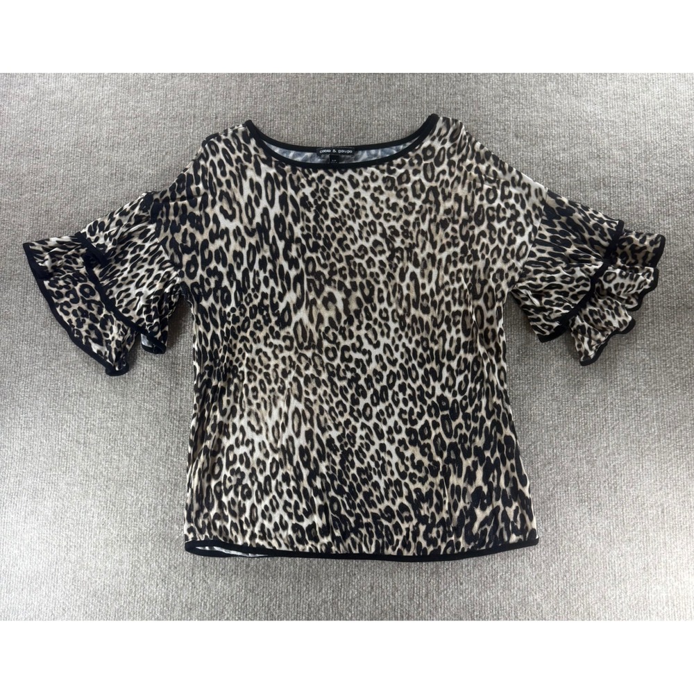 Cable & Gauge Leopard Print Ruffle Sleeve Blouse Tan Black Small office business